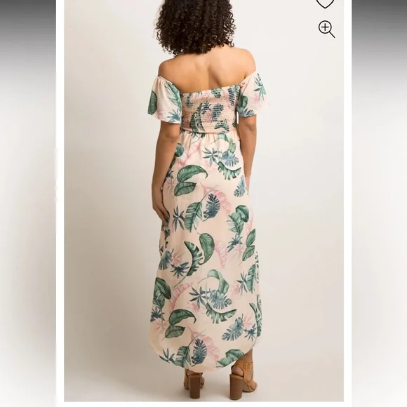 PinkBlush Peach Leaf Print Smocked Off Shoulder Maternity Dress - Picture 3 of 3